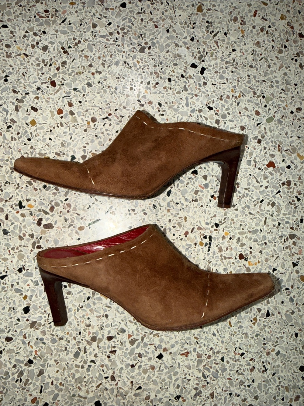 90’s Y2K brown suede leather stitching mule heel Anne Klein 7.5 Italy